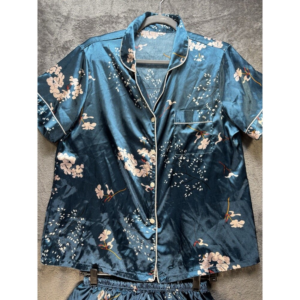 Blue Satin Floral Pajama Set Collared Button Front Piping Short Sleeve - L - Picture 2 of 10
